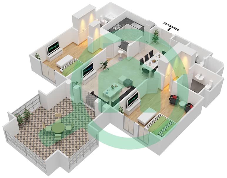 المخططات الطابقية لتصميم الوحدة 1 / FLOOR 2 شقة 2 غرفة نوم - ريحان 7 Floor 2 interactive3D