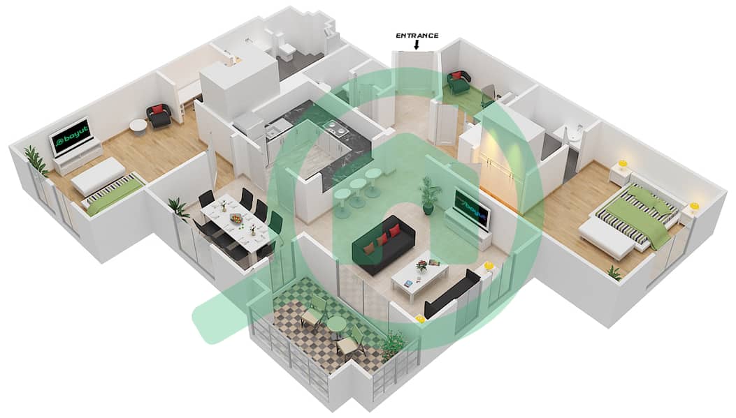 المخططات الطابقية لتصميم الوحدة 2 / FLOOR 1-8 شقة 2 غرفة نوم - ريحان 7 Floor 1-8 interactive3D