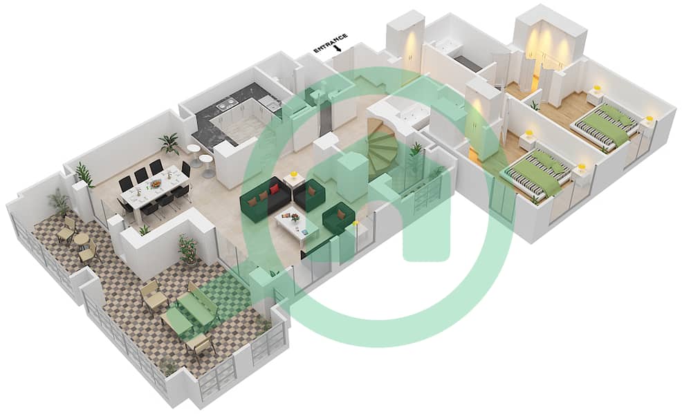 المخططات الطابقية لتصميم الوحدة 2 / FLOOR 9 شقة 2 غرفة نوم - ريحان 7 Lower Floor interactive3D