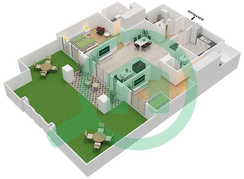 المخططات الطابقية لتصميم الوحدة 3 GROUND FLOOR شقة 2 غرفة نوم - ريحان 8 Ground Floor interactive3D
