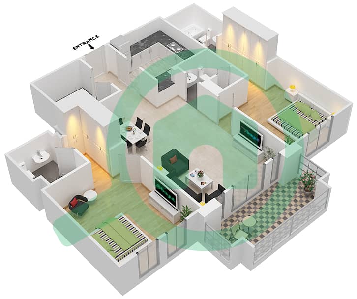 المخططات الطابقية لتصميم الوحدة 3 FLOOR 1-3 شقة 2 غرفة نوم - ريحان 8 Floor 1-3 interactive3D