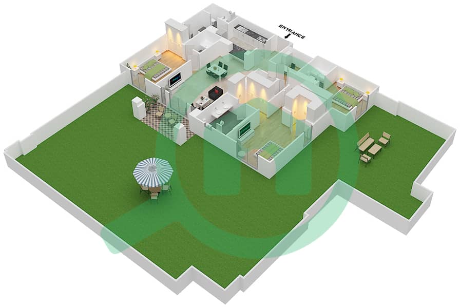 المخططات الطابقية لتصميم الوحدة 5 GROUND FLOOR شقة 3 غرف نوم - ريحان 8 Ground Floor interactive3D