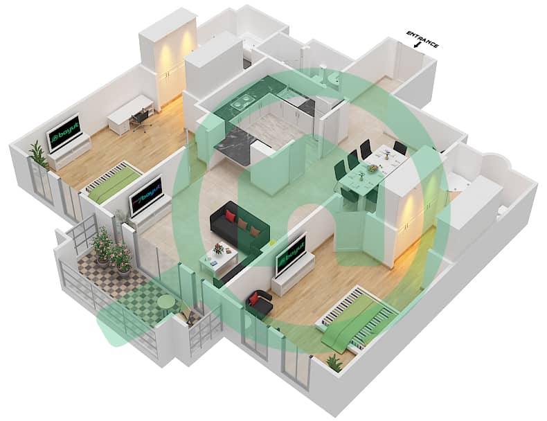 المخططات الطابقية لتصميم الوحدة 8 FLOOR 1-4 شقة 2 غرفة نوم - ريحان 8 Floor 1-4 interactive3D