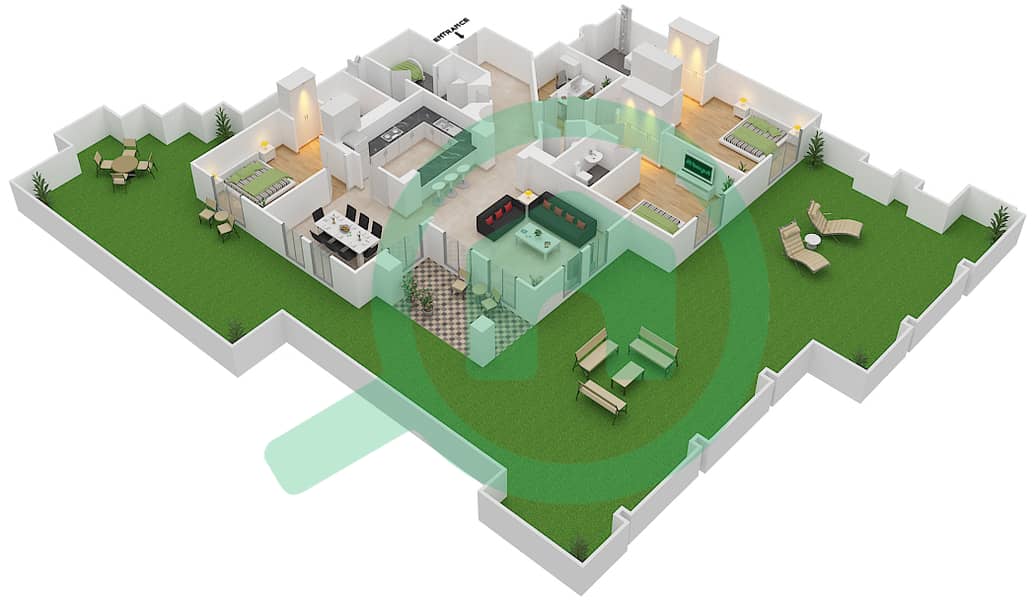 المخططات الطابقية لتصميم الوحدة 9 GROUND FLOOR شقة 3 غرف نوم - ريحان 8 Ground Floor interactive3D