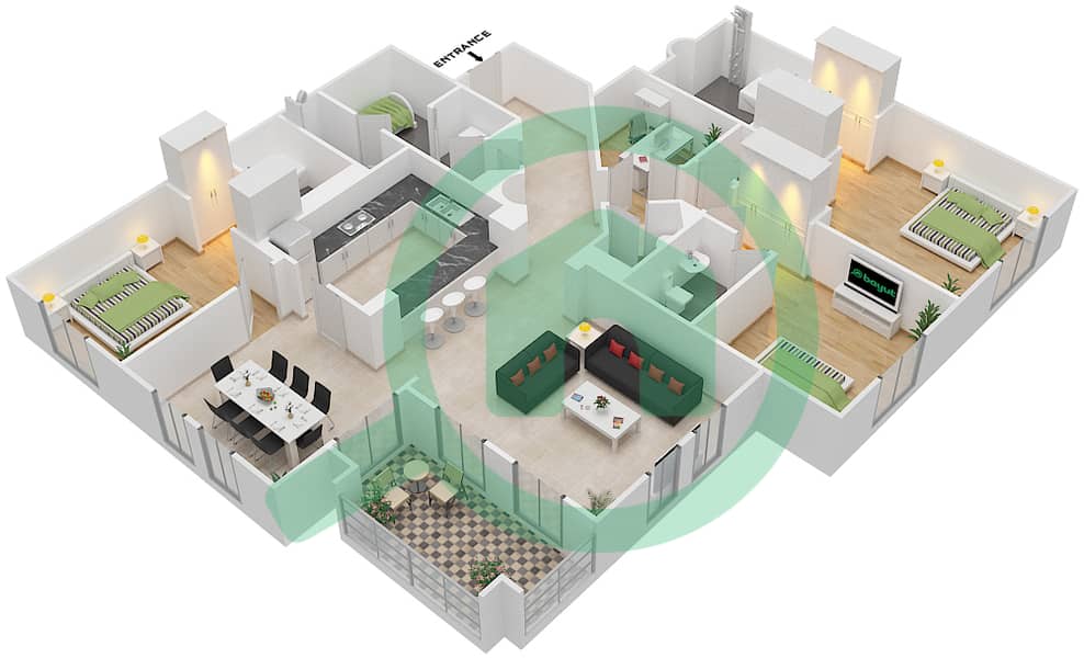 锐翰8号楼 - 3 卧室公寓单位9 FLOOR 1-4戶型图 Floor 1-4 interactive3D