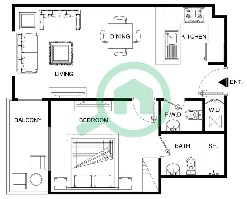 المخططات الطابقية لتصميم النموذج 4 شقة 1 غرفة نوم - الرمث 01 First floor interactive3D