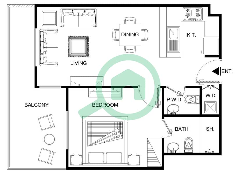 Al Ramth 01 - 1 Bedroom Apartment Type 4A Floor plan First floor interactive3D