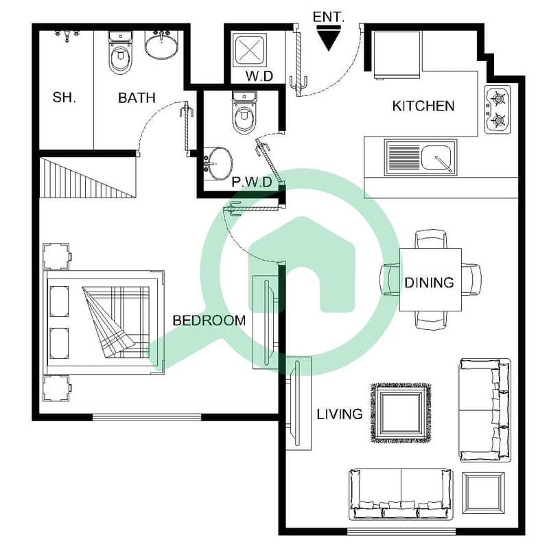 المخططات الطابقية لتصميم النموذج 5 شقة 1 غرفة نوم - الرمث 01 First floor interactive3D