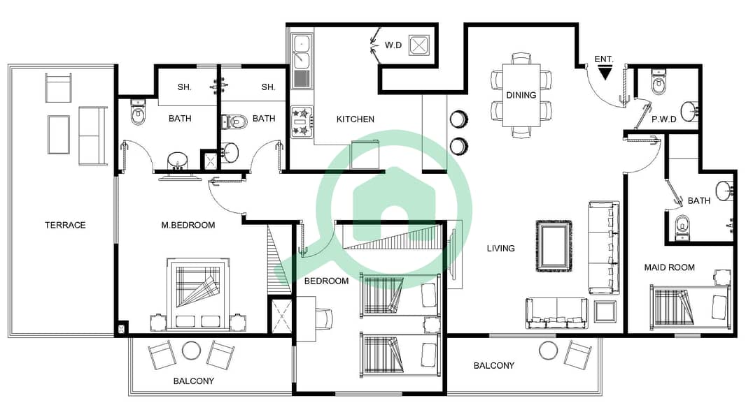 المخططات الطابقية لتصميم النموذج 1A شقة 2 غرفة نوم - الرمث 01 Floor 3 interactive3D