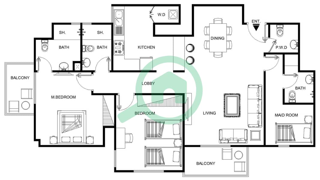 المخططات الطابقية لتصميم النموذج 1 شقة 2 غرفة نوم - الرمث 01 FLoor 4-5 interactive3D