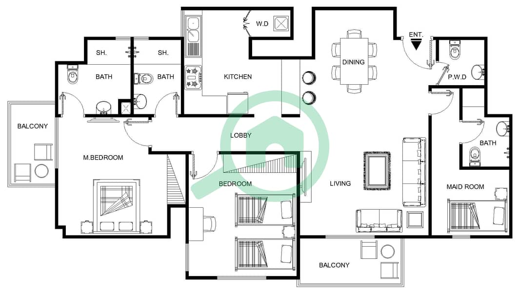 Al Ramth 01 - 2 Bedroom Apartment Type 1 Floor plan FLoor 4-5 interactive3D