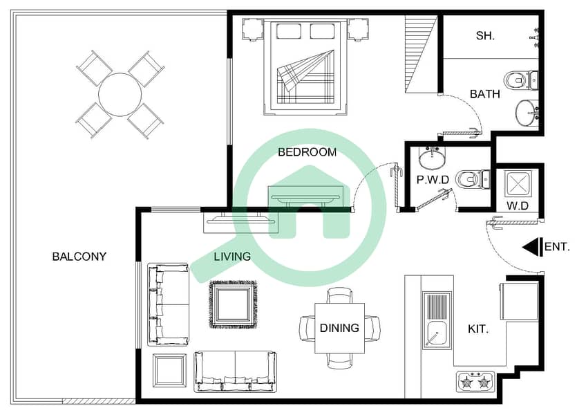 المخططات الطابقية لتصميم النموذج 5A شقة 1 غرفة نوم - الرمث 01 Ground floor interactive3D