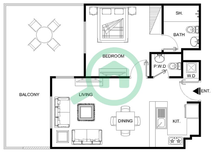 Al Ramth 01 - 1 Bedroom Apartment Type 5A Floor plan Ground floor interactive3D
