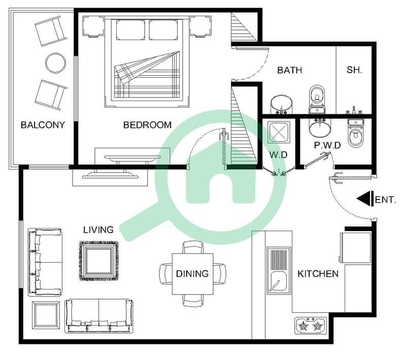 المخططات الطابقية لتصميم النموذج 6 شقة 1 غرفة نوم - الرمث 01 Floor 2-5 interactive3D