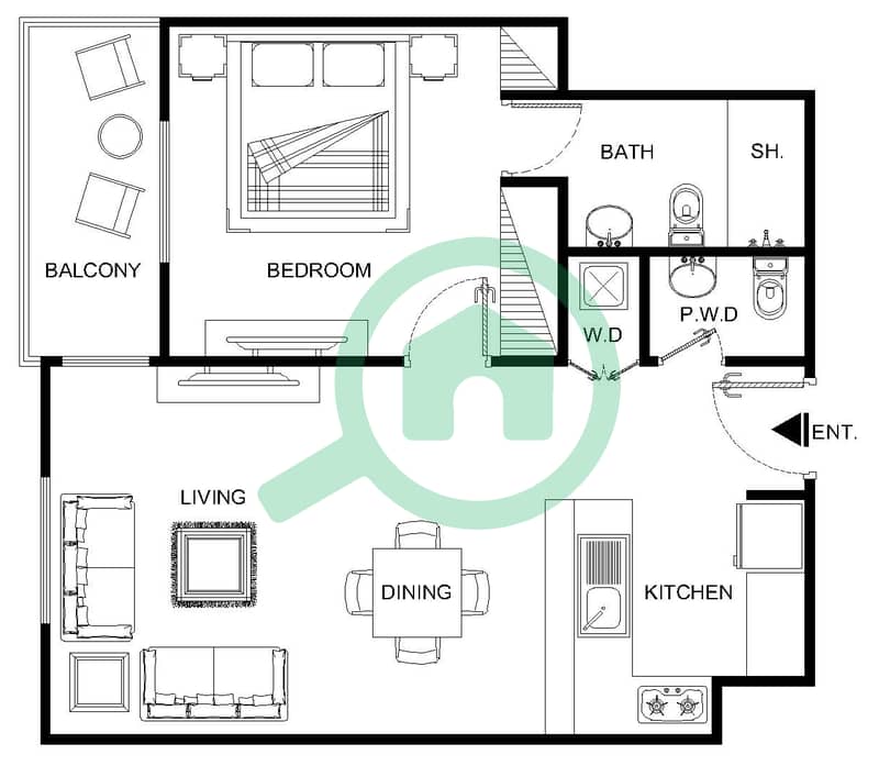Al Ramth 01 - 1 Bedroom Apartment Type 6 Floor plan Floor 2-5 interactive3D