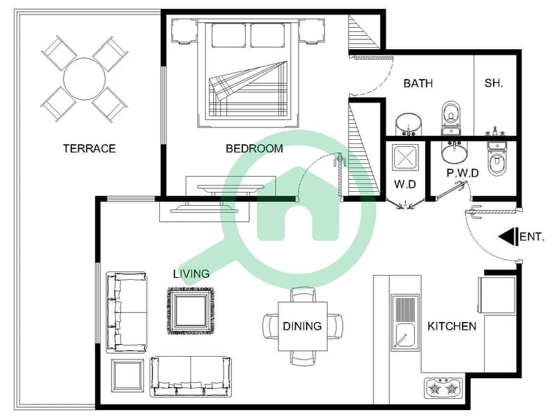 Al Ramth 01 - 1 Bedroom Apartment Type 6A Floor plan First floor interactive3D
