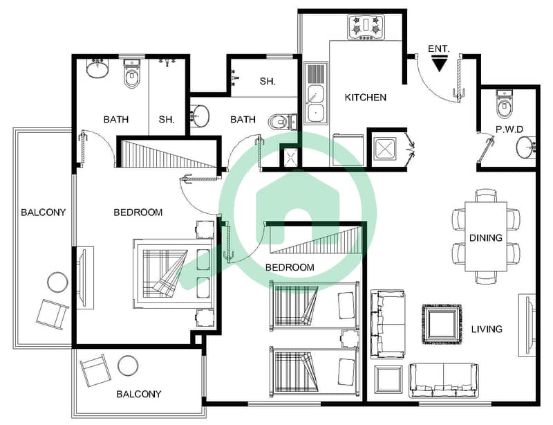 المخططات الطابقية لتصميم النموذج 1 شقة 2 غرفة نوم - الرمث 01 Second Floor interactive3D