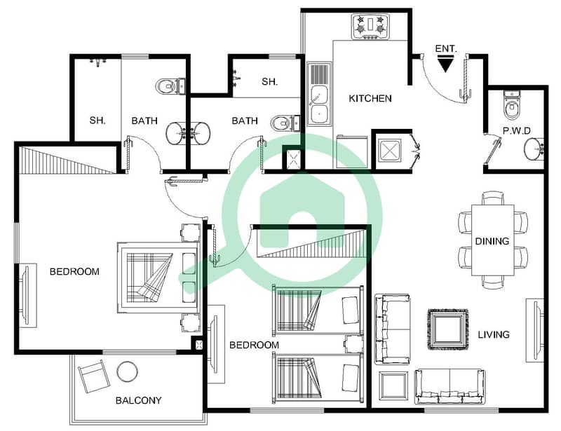 Al Ramth 01 - 2 Bedroom Apartment Type 3 Floor plan First floor interactive3D