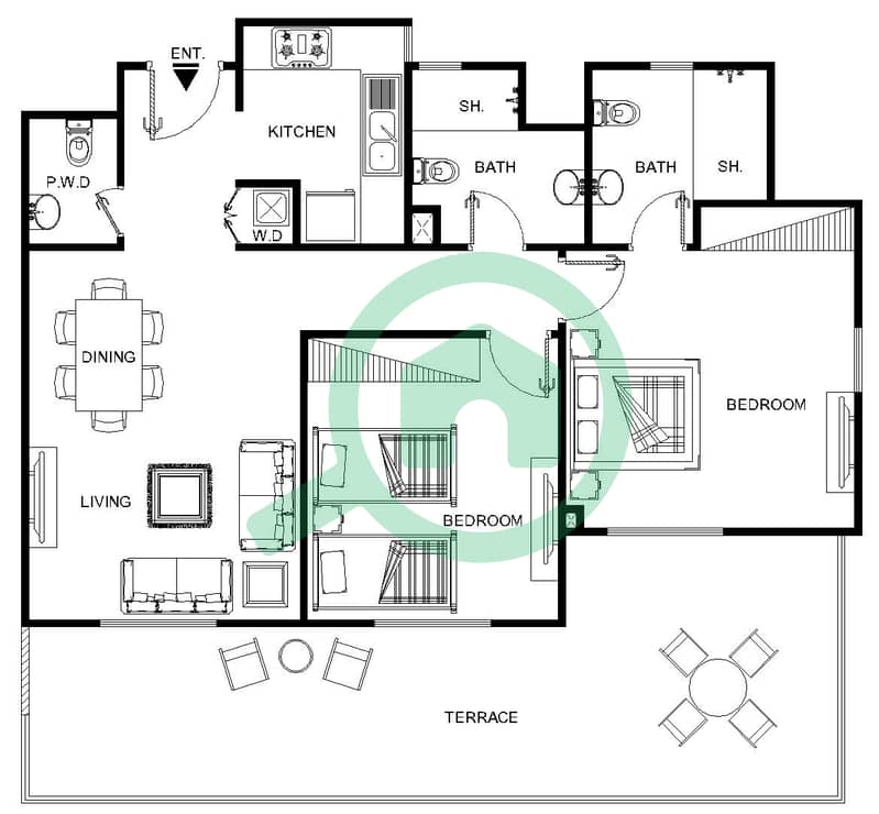 المخططات الطابقية لتصميم النموذج 2 شقة 2 غرفة نوم - الرمث 01 Ground Floor interactive3D