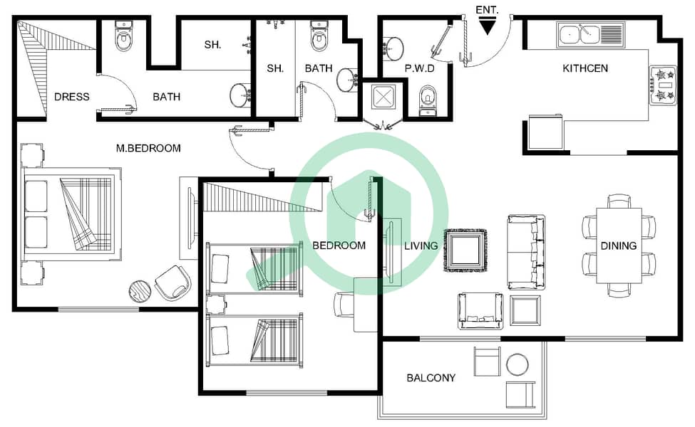 المخططات الطابقية لتصميم النموذج 4 شقة 2 غرفة نوم - الرمث 01 Floor 2-5 interactive3D