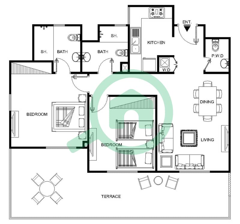المخططات الطابقية لتصميم النموذج 3A شقة 2 غرفة نوم - الرمث 01 First floor interactive3D