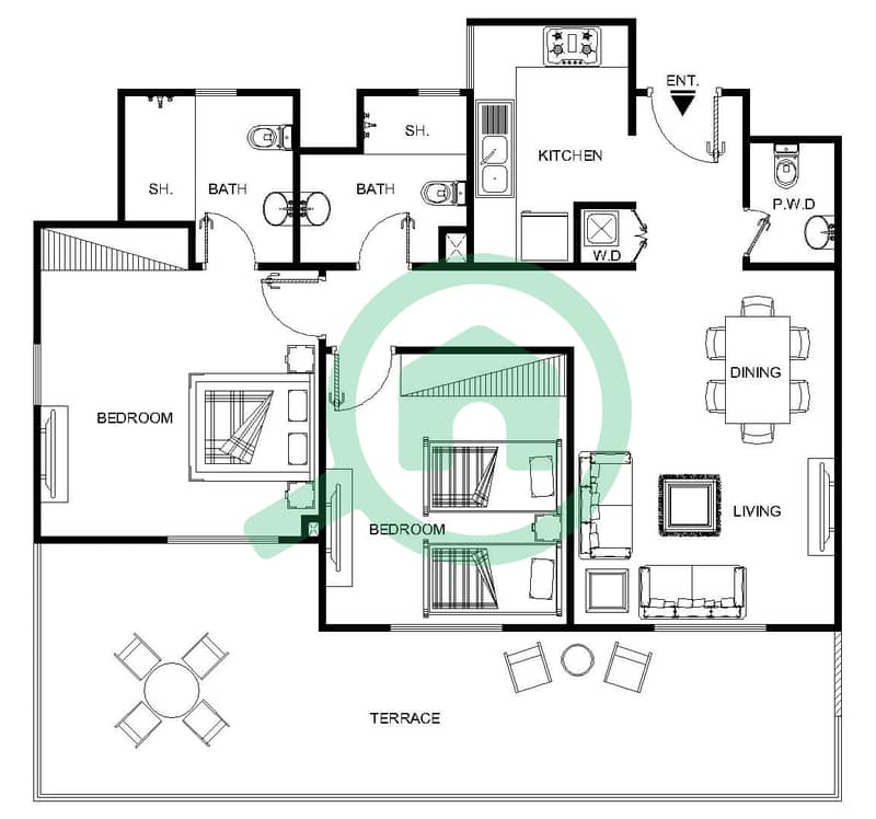 Al Ramth 01 - 2 Bedroom Apartment Type 3A Floor plan First floor interactive3D