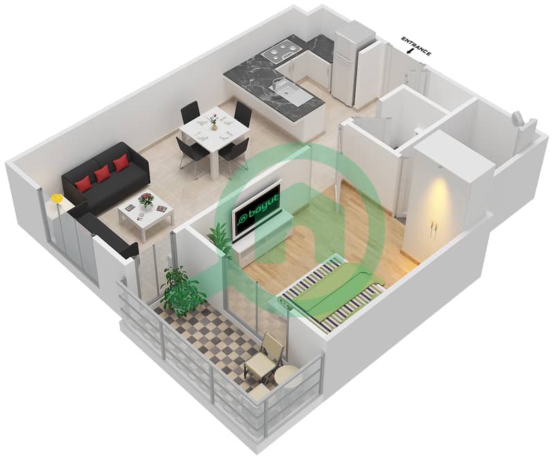 المخططات الطابقية لتصميم النموذج 4 شقة 1 غرفة نوم - الرمث 03 Floor 1-2 interactive3D