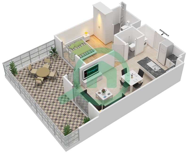 المخططات الطابقية لتصميم النموذج 5A شقة 1 غرفة نوم - الرمث 03 Ground floor interactive3D