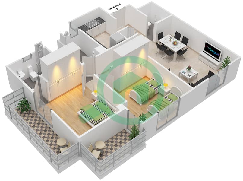 Al Ramth 03 - 2 Bedroom Apartment Type 1 Floor plan Second floor interactive3D