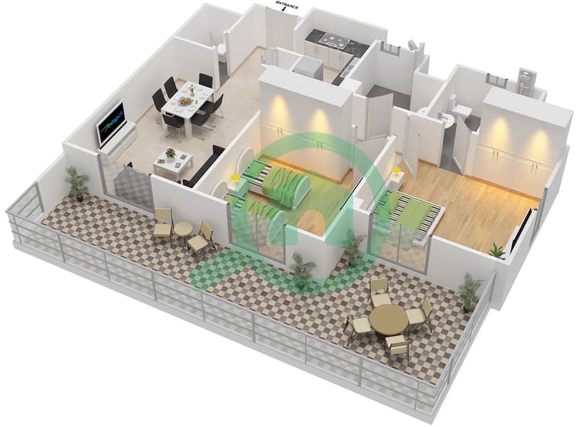 المخططات الطابقية لتصميم النموذج 2 شقة 2 غرفة نوم - الرمث 03 Ground floor interactive3D