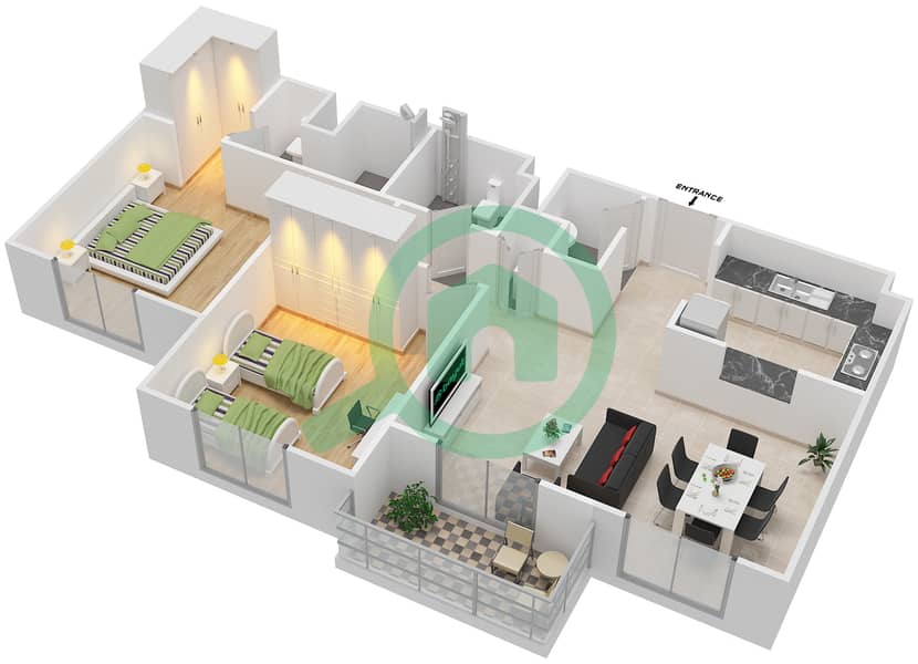 المخططات الطابقية لتصميم النموذج 4 شقة 2 غرفة نوم - الرمث 03 Floor 2-5 interactive3D