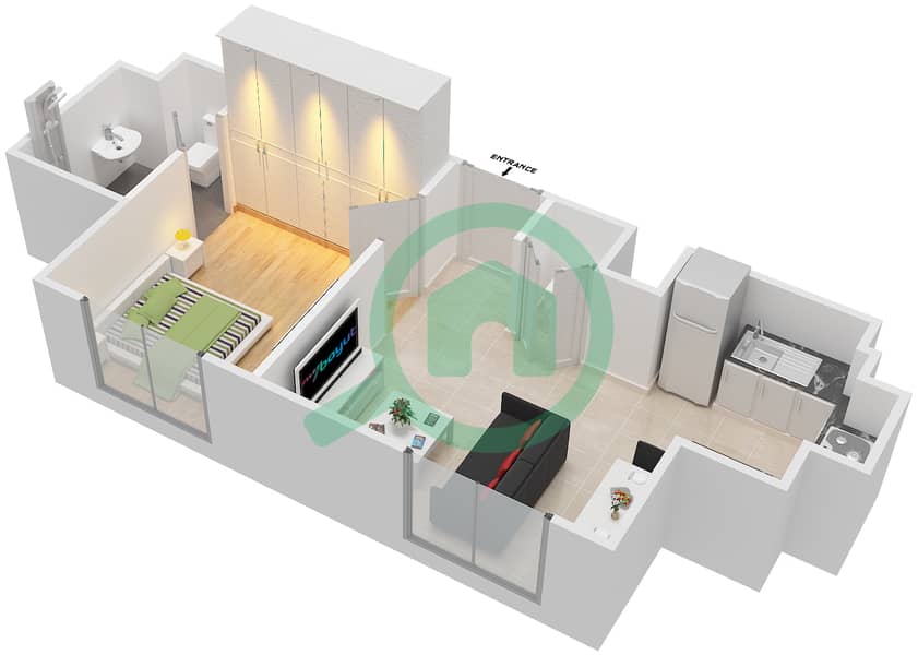 Al Ramth 11 - 1 Bedroom Apartment Type 1 Floor plan interactive3D