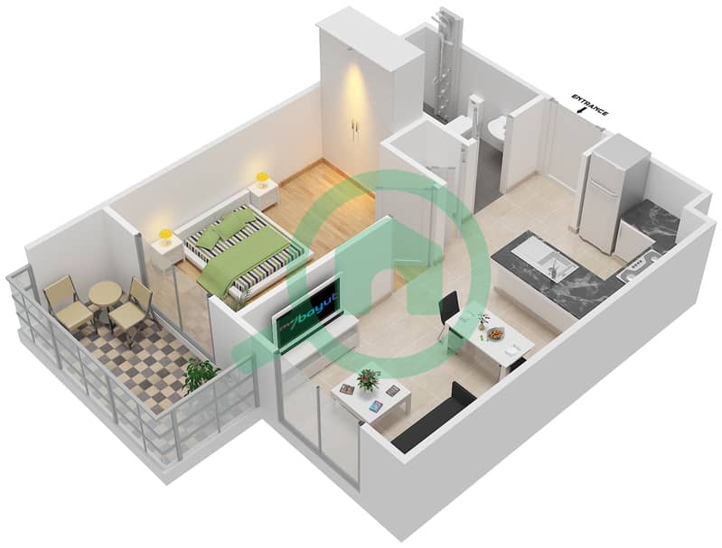 Al Ramth 11 - 1 Bedroom Apartment Type 3 Floor plan interactive3D