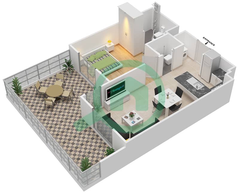 Al Ramth 11 - 1 Bedroom Apartment Type 5A Floor plan interactive3D