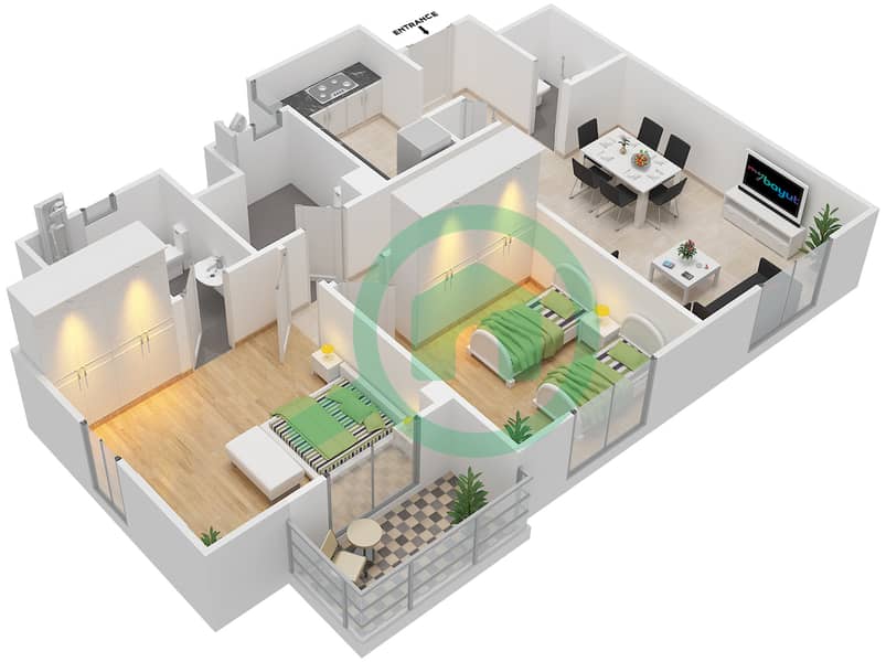 Al Ramth 11 - 2 Bedroom Apartment Type 3 Floor plan interactive3D