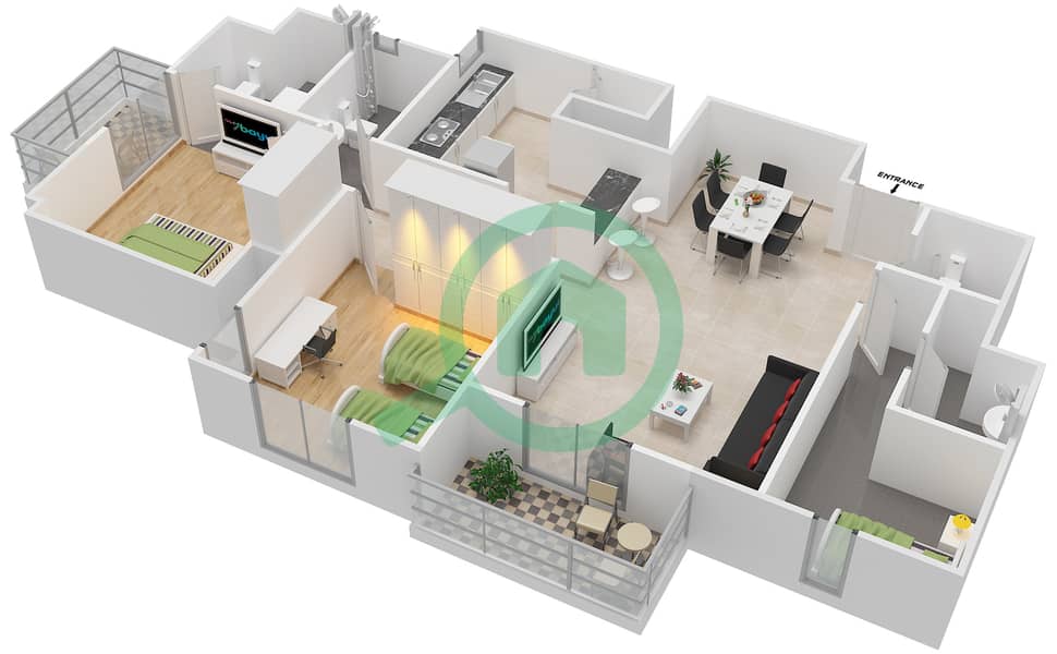 Al Ramth 11 - 2 Bedroom Apartment Type 1 Floor plan interactive3D