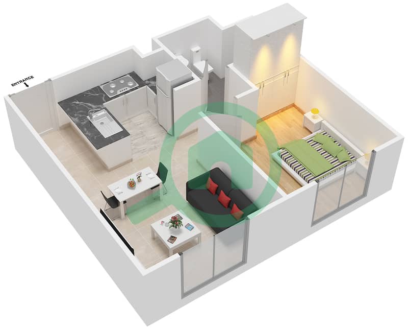 Al Ramth 15 - 1 Bedroom Apartment Type 2 Floor plan Floor 2-5 interactive3D