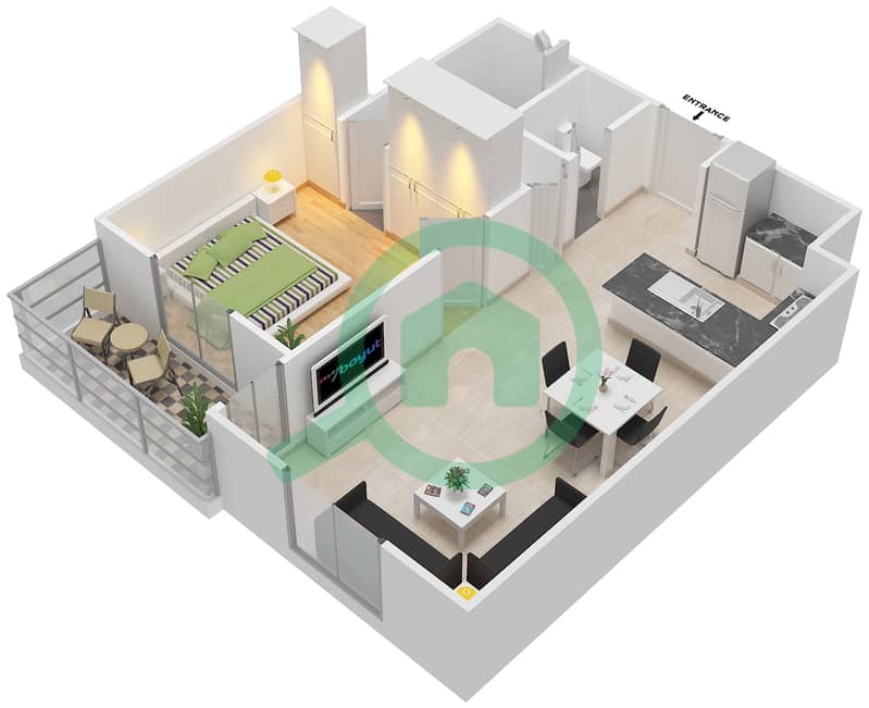 Al Ramth 41 - 1 Bedroom Apartment Type 6 Floor plan Floor 2-5 interactive3D