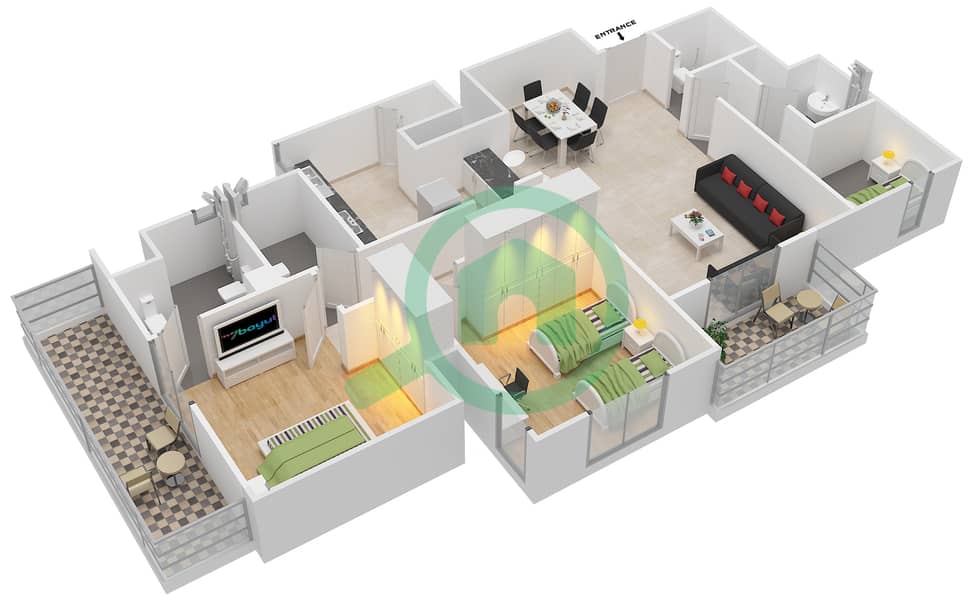 阿尔拉姆斯41号楼 - 2 卧室公寓类型1A戶型图 Floor 3 interactive3D