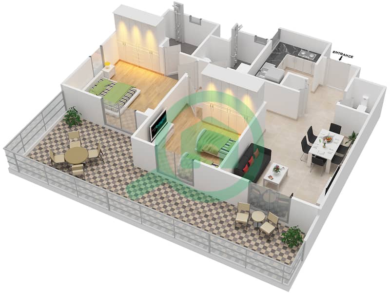 Al Ramth 41 - 2 Bedroom Apartment Type 3A Floor plan First floor interactive3D