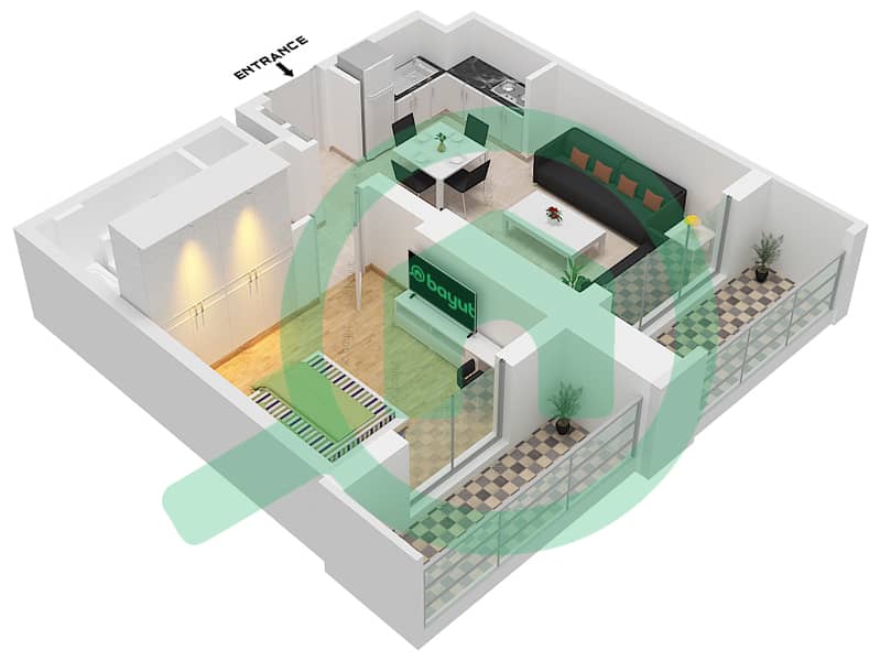 المخططات الطابقية لتصميم النموذج / الوحدة 1A-1 شقة 1 غرفة نوم - حياة بوليفارد interactive3D