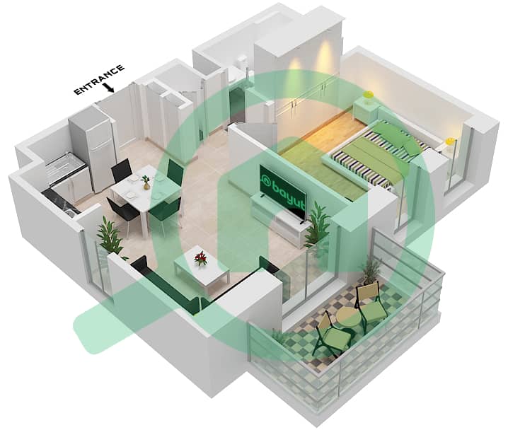 哈亚特大道公寓 - 1 卧室公寓类型／单位1A-5戶型图 interactive3D