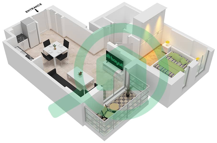 Хаят Бульвар - Апартамент 1 Спальня планировка Тип 1E-1 interactive3D