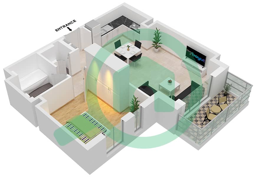 哈亚特大道公寓 - 1 卧室公寓类型／单位1H-1戶型图 interactive3D