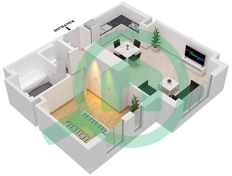 المخططات الطابقية لتصميم النموذج / الوحدة 1H -2 شقة 1 غرفة نوم - حياة بوليفارد interactive3D
