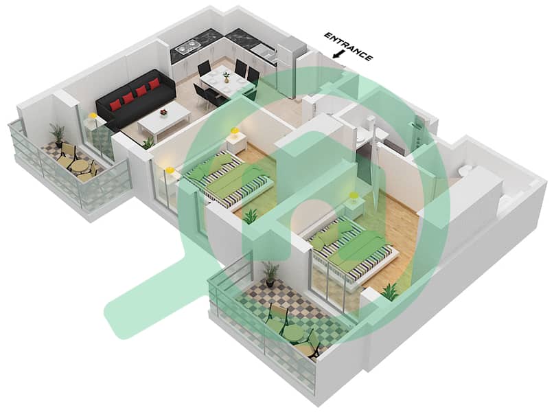 المخططات الطابقية لتصميم النموذج / الوحدة 2B-4 شقة 2 غرفة نوم - حياة بوليفارد interactive3D
