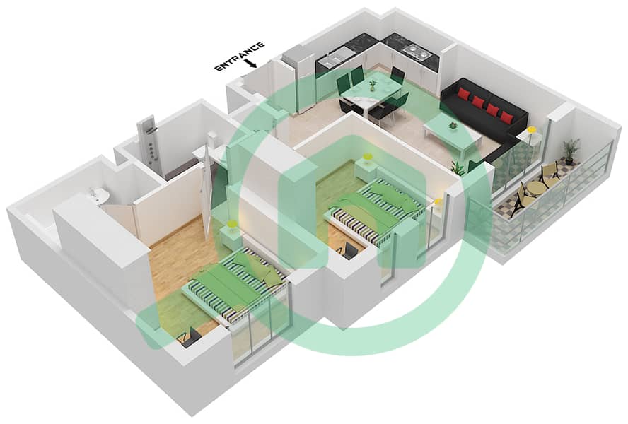 哈亚特大道公寓 - 2 卧室公寓类型／单位2B-7戶型图 interactive3D