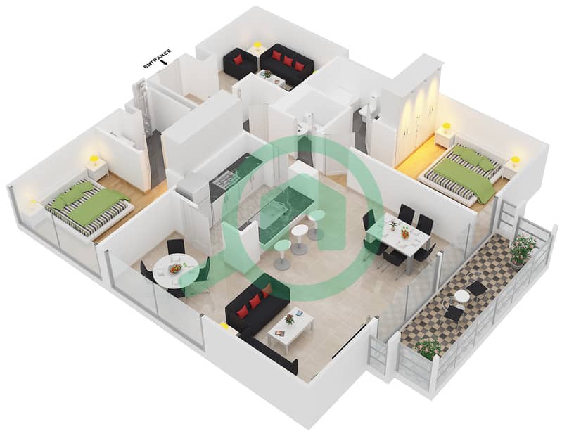 Аль-Самар 3 - Апартамент 2 Cпальни планировка Гарнитур, анфилиада комнат, апартаменты, подходящий 5 Floor 1-4 interactive3D