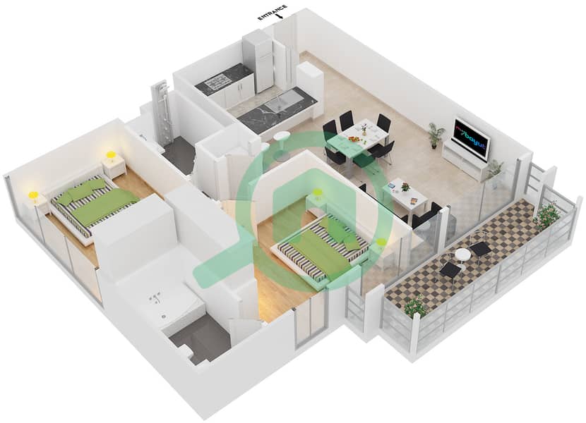 瑟亚尔1号 - 2 卧室公寓套房11戶型图 Floor 1-4 interactive3D