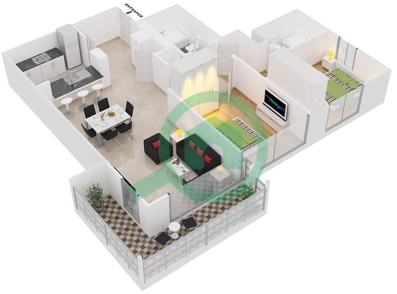 المخططات الطابقية لتصميم التصميم 17 شقة 2 غرفة نوم - الثيال 1 Floor 1-7 interactive3D